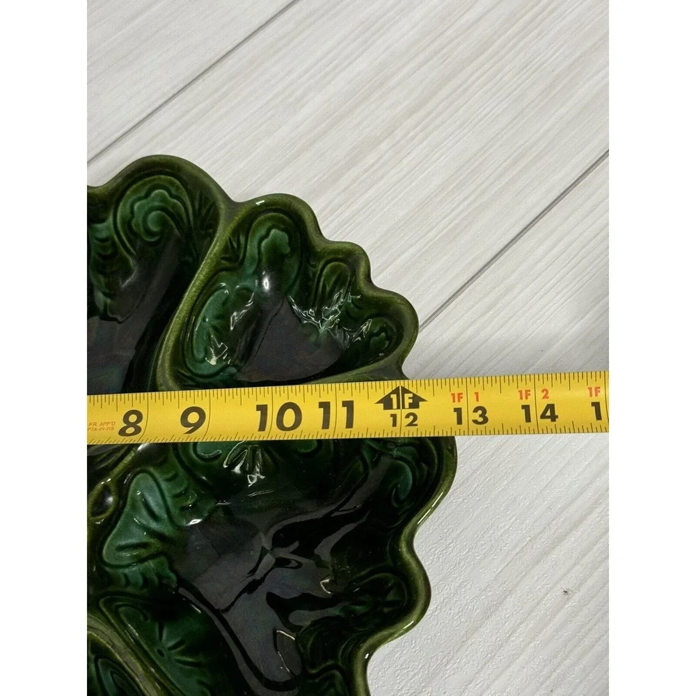 Vintage Art Deco Green Ceramic Divided Serving Tray with Gold Handle Floral Leaf